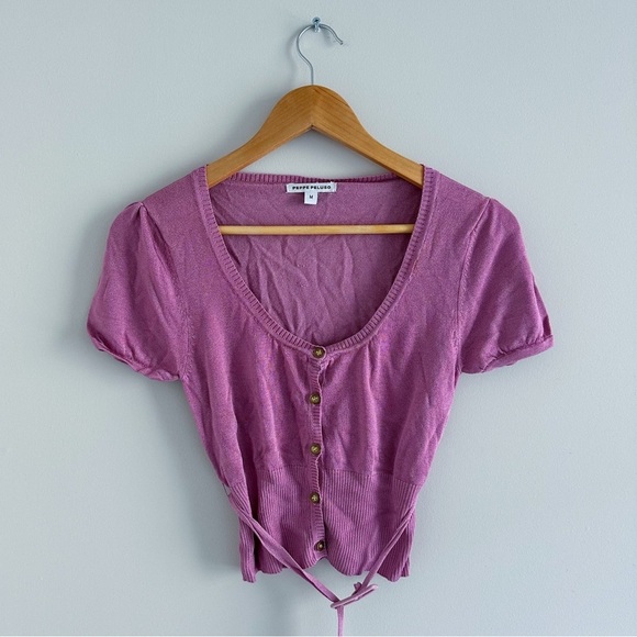 3/$20⚡️ Purple Peppe Peluso Scoop Neck Button Up Cropped Short Sleeve Sweater - Picture 1 of 13